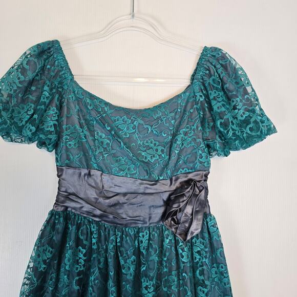 Vintage 80’s Paragon Teal Lace Formal Prom Midi Dress Gray Lining Waist Rosette - Picture 3 of 10